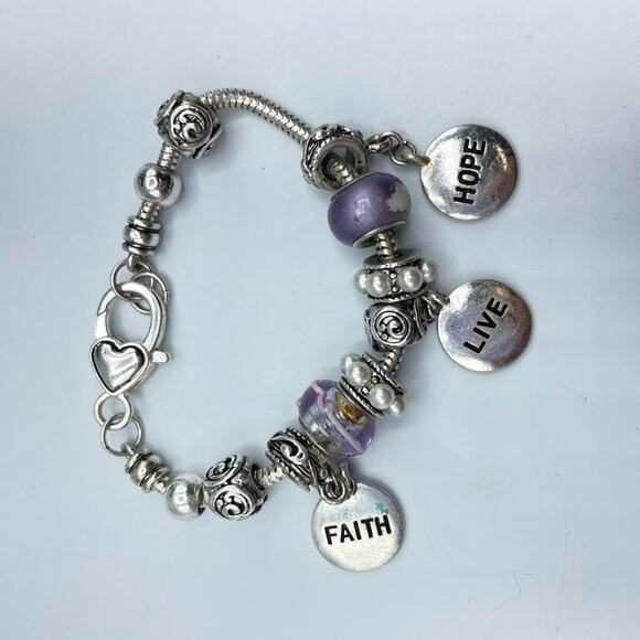 Unbranded Silver Tone & Purple Chunky Style Charm Bracelet Love Hope Hearts - Picture 1 of 8